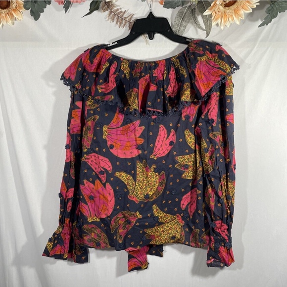NWT Farm Rio [ Small ] Patchwork Bananas Ruffle Long Sleeve Blouse in Blue‎ - Picture 9 of 13